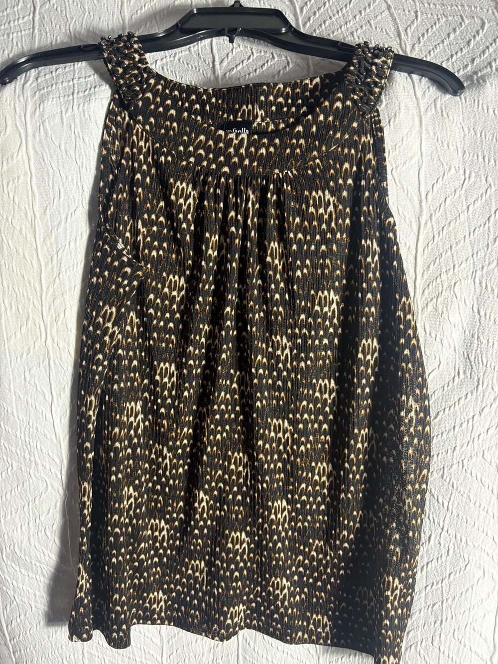 Rafaella Women's Black and Gold Animal Print Pleated Sleeveless Tank Top Medium